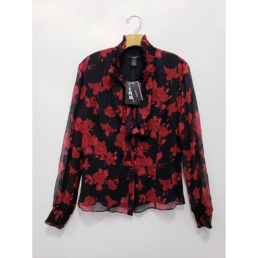 Alfani Ruffle Victorian Romatic Peasant Silk Sheer Floral Ditsy Blouse Red 12